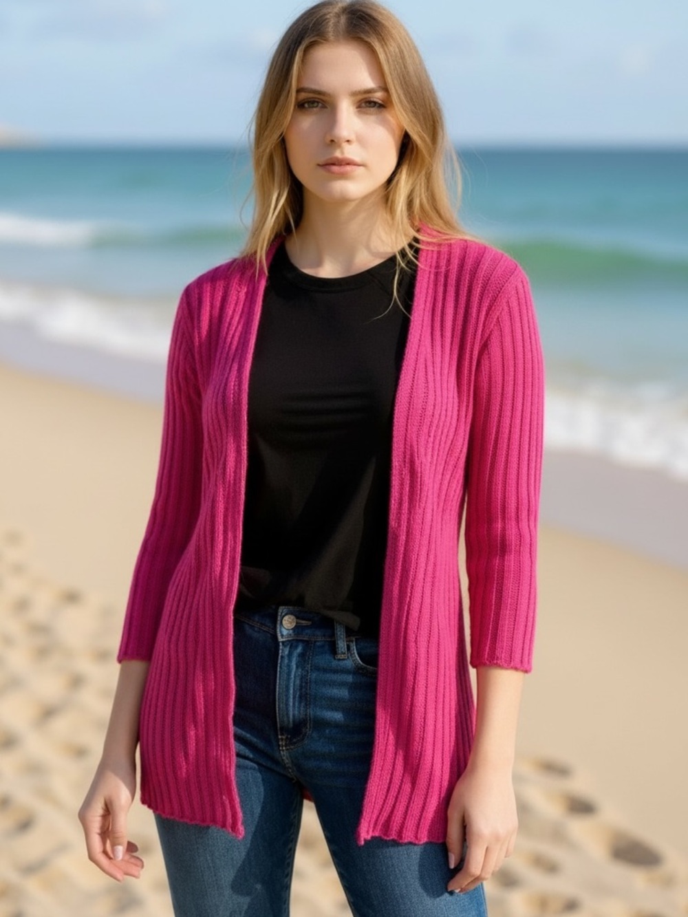 Chico's Travelers Ribbed Open Front Fuchsia Cardigan Size 3 US XL